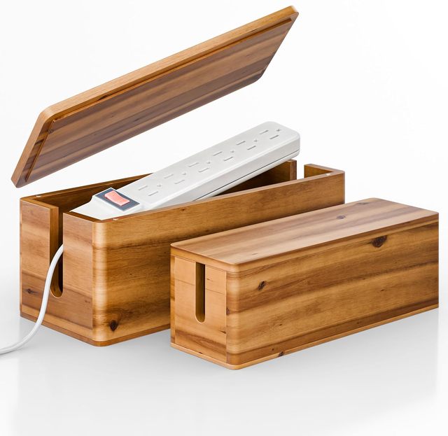 Acacia Wood Large Cable Management Box Set of 2 with Magnetic Lid and Open Slots for TV Computer Power Strips