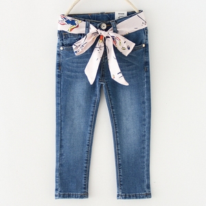 Spring Summer Girls' Comfortable Skin-Friendly <strong>Soft</strong> Slim Breathable Trendy Skinny <strong>Jeans</strong> for Kids with Ribbon - Product Image 1