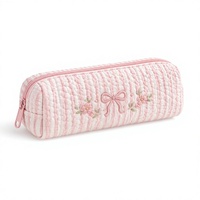 Trousse à crayons en gaze bulle brodée, pochette zippée rayée, organiseur de cosmétiques à nœud floral, logo personnalisé