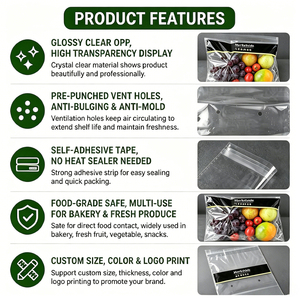 Sac auto-adhésif en BOPP avec trous d'aération pour l'emballage de fruits, légumes et produits frais, fabricant sur mesure - Product Image 2