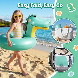 Cute Dinosaur <b>Inflatable</b> Swimming Ring, Green Dino <b>Pool</b> <b>Float</b> for Kids, Summer Beach Lake Party Swim Tube - Product Image 4