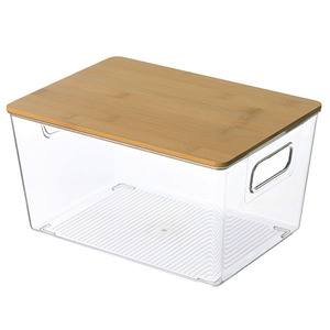 Large Kitchen Food Storage Box With Bamboo Lid Clear PET Fridge Bins with Handles Stackable Storage Organizer Containers