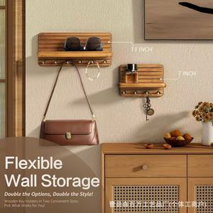 Solid Wood Wall Mounted Storage Rack Key Holder Double Layer <b>Shelf</b> With <b>Hooks</b> For Entryway Coat Rack - Product Image 3