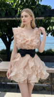 Robe plissée élégante rose pour femme avec décolleté en V profond, sans manches et ceinture noire, idéale pour les soirées