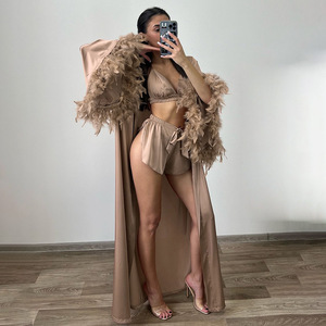 Pink Feather Trim Long Robe <b>Set</b> Women's Sexy Satin <b>Bikini</b> Panties Two-Piece Lingerie Sleepwear - Product Image 5