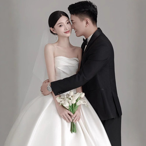 Strapless Satin Wedding Dress Princess Waistline White Floor Length Simple Elegant For Petite Brides - Product Image 4