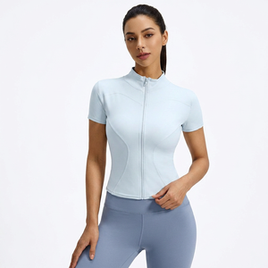 Wholesale Women <b>Zip</b> <b>up</b> Stand Collar Yoga <b>Crop</b> Jackets Slim Fit Stretchy Short Sleeve Athletic Top Running Pilates Workout Shirt - Product Image 3