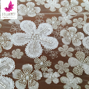 Hy3168 hoa mẫu trắng Wedding lưới Bridal ren Tulle ngọc trai với thủy tinh dài hạt vải - Product Image 5