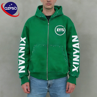 QZFSO Sweat à capuche personnalisé 100% coton vintage délavé à l'acide pour homme, veste zippée épaisse 400 g/m² effet vieilli, sweat-shirt orné de strass