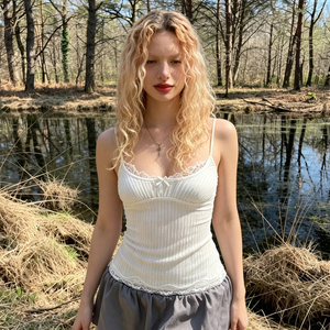 2026 Women's White Lace Trim Ribbed Camisole <b>Top</b> with Bow Detail Summer Slim Fit Sleeveless Tank for Casual Wear - Product Image 3