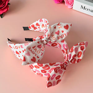 عصابة رأس على شكل قلب مع فيونكة وطباعة شفاه، عصابات رأس واسعة مع عقدة وآذان أرنب، إكسسوارات شعر لعيد الحب - Product Image 6