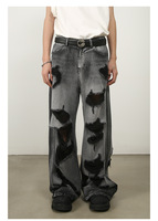 Jeans en denim personnalisés pour hommes, style baggy déchiré, patchwork, effet vieilli, coupe large, délavage boue, style grunge, vente en gros, fabricant