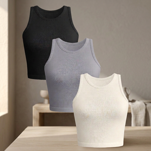 Camiseta sin mangas acanalada para mujer, cuello redondo, top de yoga, algodón y elastano, ajuste regular, moda para adultos - Product Image 3