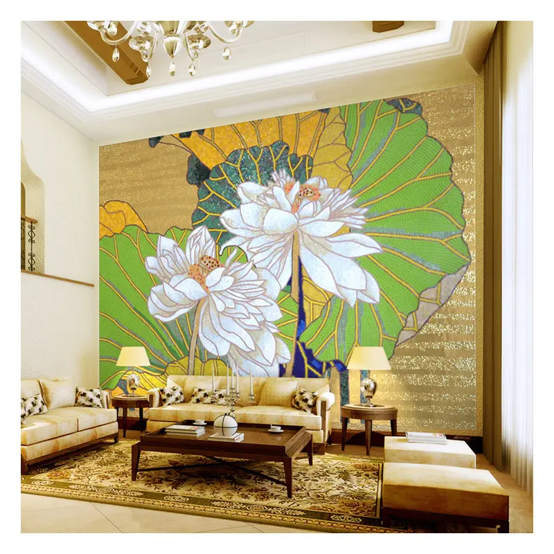 ZF White lotus flower blue leaf and gold glass mosaic tile background murals 3d wall art decor