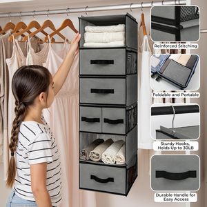 Hanging Closet Organizer <b>6</b> Shelves 5 <b>Drawers</b> Detachable Storage With Side Pockets For Bedroom Neatening Fabric Non Woven - Product Image 4