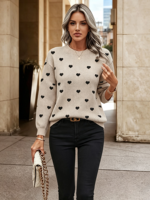Pull en tricot à col rond pour femme, à manches longues, avec motif jacquard en forme de cœur, ample (personnalisable)