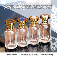 Nouveau style – Flacon de parfum cosmétique rond en verre de 50 ml avec couvercle coloré, impression sérigraphiée, échantillon gratuit, pulvérisateur à pompe de surface