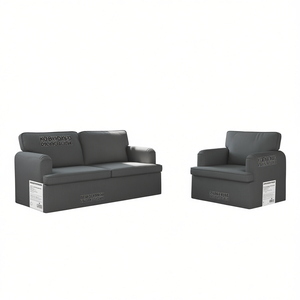 Set da soggiorno in tessuto grigio scuro, divano e sedia, mobili per la casa moderni e contemporanei - Product Image 1