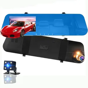 Kamera Dasbor Mobil Lensa Ganda LCD IPS, Kamera Dasbor DVR Penglihatan Malam 4.3 P FHD 1080 Derajat Berkendara 170 Inci