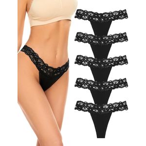 Lot de 5 tangas sans couture pour femmes, sous-vêtements en dentelle taille basse, culottes respirantes en mélange de coton, style sexy - Product Image 1