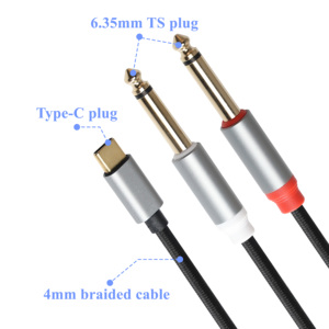 Placcato oro tipo <span class=keywords><strong>C</strong></span> USB <span class=keywords><strong>C</strong></span> a <span class=keywords><strong>AUX</strong></span> Dual 6.35mm connettore 1/4 maschio Y ramo Splitter Stereo cavo Audio per telefono portatile Amp - Product Image 4