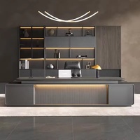 Bureau de direction en forme de L, gris anthracite mat, bureau de luxe avec panneau cannelé éclairé par LED, base avec rangement pour PDG