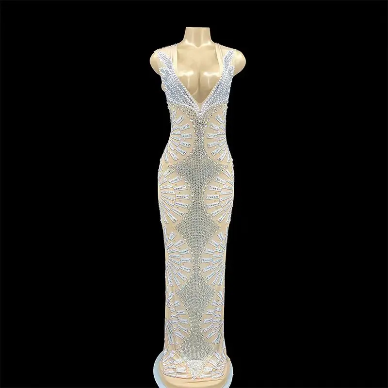 Luxury Dubai Beading Crystal Dress Women Party Wedding dress Long Sleeve Bodycon Vestido