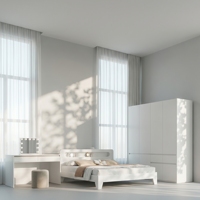 Offre Spéciale : Ensemble de Meubles de Chambre Modernes en Bois Blanc – Lit King/Queen Size, Coiffeuse LED et Armoire pour Appartement ou Chambre Principale