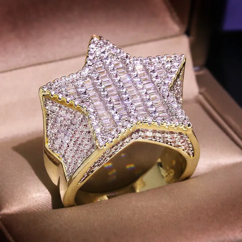 Luxury Gold color Sparkling Full Zircon Star men ring Top quality Hip hop jewelry Boy Gift for friends Punk style ring