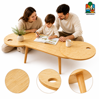 Mesa de Centro Ovalada de Bambú Extensible y Giratoria con Dos Superficies Laterales Redondas Giratorias, Ahorro de Espacio, Moderna, para Sala de Estar
