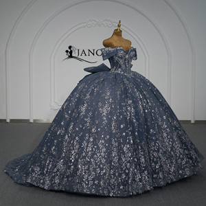 Xybb06-Pz Dusty Blue Quinceanera Ball Gown <b>Silver</b> Embroidery Corset Glitter Chiffon Natural Vintage Formal Evening Party - Product Image 4