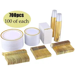 Venda quente 700pcs Carga placas dinnerware conjuntos talheres for100 Convidados pratos descartáveis e placas decoração do casamento & suprimentos