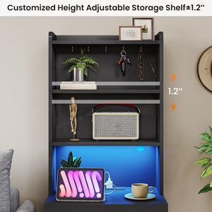 <b>Tall</b> Nightstand with Charging Station and LED Lights, Large Black Night Stand Bookshelf, Modern Bedside <b>Table</b> Shelves - Product Image 3