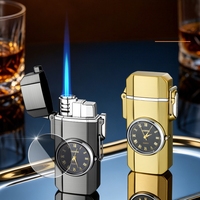 Briquet à allumage direct à flamme bleue en alliage, étanche au vent, télescopique, avec montre à quartz intégrée, anti-brûlure, allumage à une touche