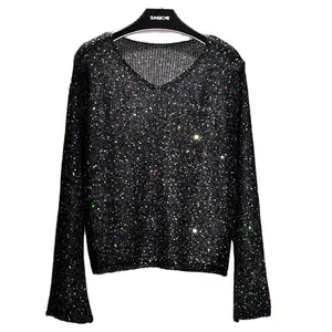 Spring and summer new Sequin V-neck large flared sleeve hollowed out knit sweater Long sleeved shiny silk top for women