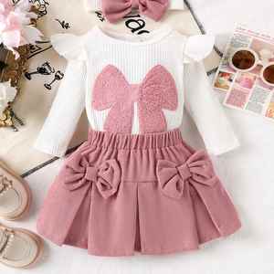 Conjunto Casual Lindo para Bebés Niñas: Pelele Blanco Acanalado de Manga Larga con Lazo y Falda Rosa para Primavera - Product Image 1