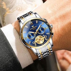 Binbond Men's Mechanical Watch 4567 Blue Dial Gold Stainless Steel Bracelet Waterproof 30M Automatic Movement - Product Image 2