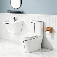 Inodoro de una pieza con sifón y lavabo suspendido de cerámica, estilo moderno, color negro, conjunto de inodoro WC