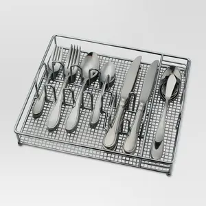 Wire Rack Stand Tableware Flatware 24pcs Stainless Steel Cutlery Set With Shelf