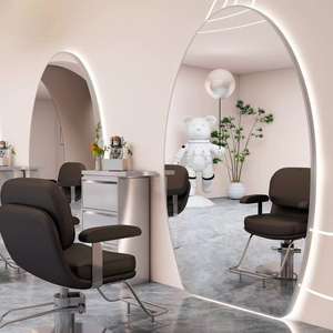 Cermin <span class=keywords><strong>Salon</strong></span> rambut LED pasang dinding, kaca lengkung <span class=keywords><strong>Modern</strong></span> ramah lingkungan pencahayaan satu sisi bingkai aluminium saklar sentuh ulang tahun - Product Image 3