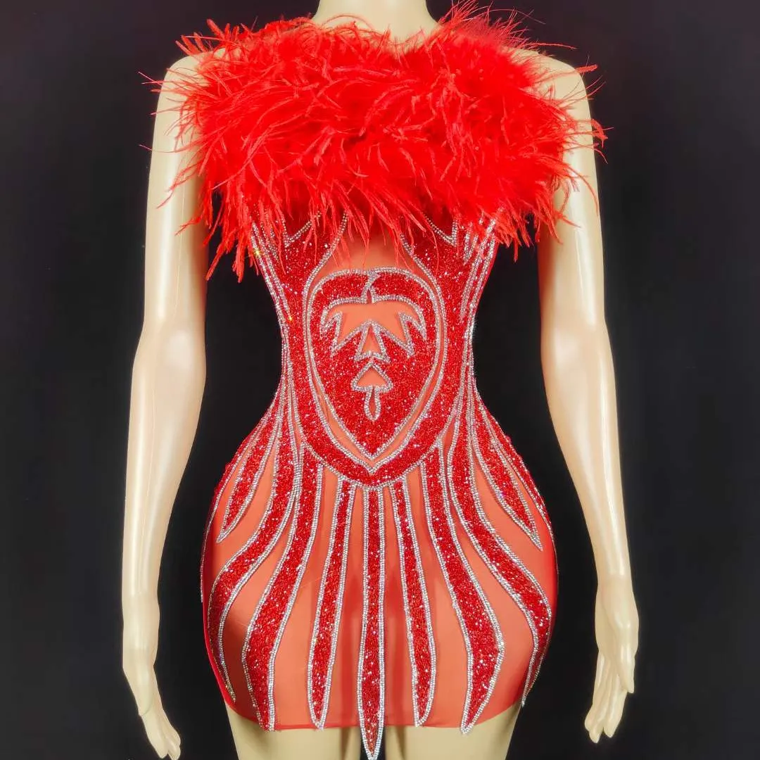 Ocstrade Red Feather Dress Vestidos Para Mujer Elegante Party Curto Diamond Prom Dress Com Glitz E Penas Mini Vestido Sexy