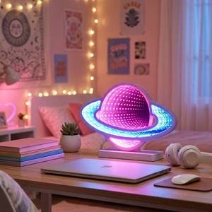 Miroir de Maquillage LED Effet Tunnel 3D Planète Saturne, Lampe de Bureau Art Déco, Vente en Gros Usine, Logo Personnalisé Couleur Anniversaire - Product Image 3