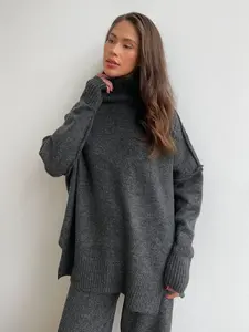 Blubelle Setelan Wanita Musim Gugur Musim Dingin 2-Potong Longgar Kasual Rajutan Tebal Hangat Sweater Turtleneck Celana Pullover Tenun - Product Image 4