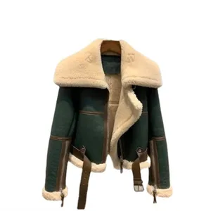 2022 Winter New Green S-XXL Splice Large lapel Motorcycle Wear Women's Thickened Short Faux Fur Integrated Warm Wool Coat