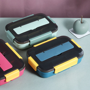 Boîte à lunch Morandi à un seul niveau en plastique, quatre compartiments avec couverts, fermeture à clip, portable pour étudiants - Product Image 1