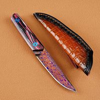 Couteau à lame fixe en acier de Damas avec manche en bois coloré, couteau droit d'extérieur avec étui en cuir pour collection et camping