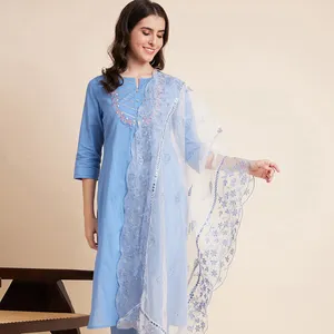 Women's Turquoise Blue Color Embroidered Kurta Pant With Dupatta Sets at Wholesale Price from India Handmade Bulk Product OEM