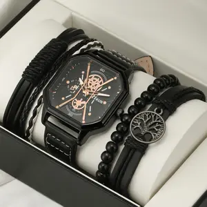Eenvoudige Nieuwe Dubbellaagse Vierkante Schelp Mode Casual Herenhorloge Armband Set
