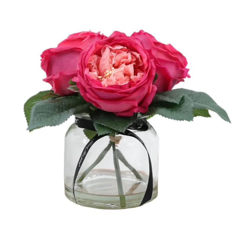 Red Austin Rose With Faux Water In Glass Artificial Flowers For Wedding Home Restaurants Hotels Decor