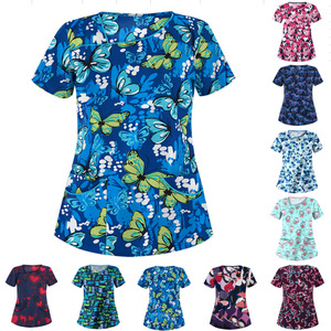 Camiseta de mujer Fitspi con cuello en V, estampada, de manga corta, informal, de verano, con bolsillo, diseño floral, holgada, para mujer. - Product Image 2
